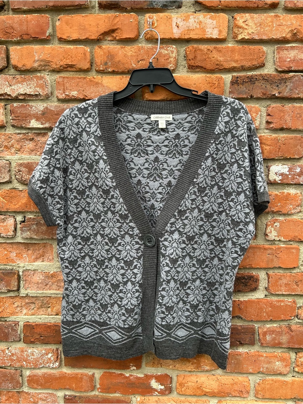 Coldwater Creek Gray Patterned Short-Sleeve Cardigan Sweater One Button XL Wool